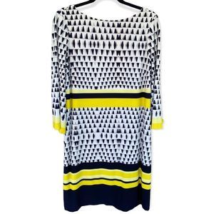 ELIZA J Yellow Black Pattern Jersey Knit Long Sleeve Shift Dress Sz 14